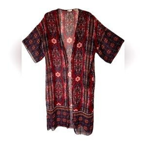 Open duster kimono with jewel tone mosaic pattern